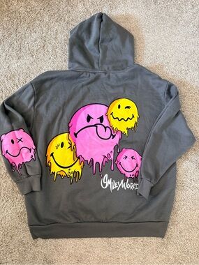Graphic Hoodie with Pink & Yellow Smiley Drip Design